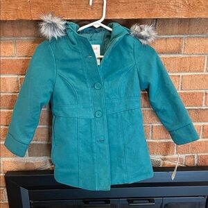 Cat & Jack XSMALL Green Hooded Girls' Pea Coat with Faux Fur Trim